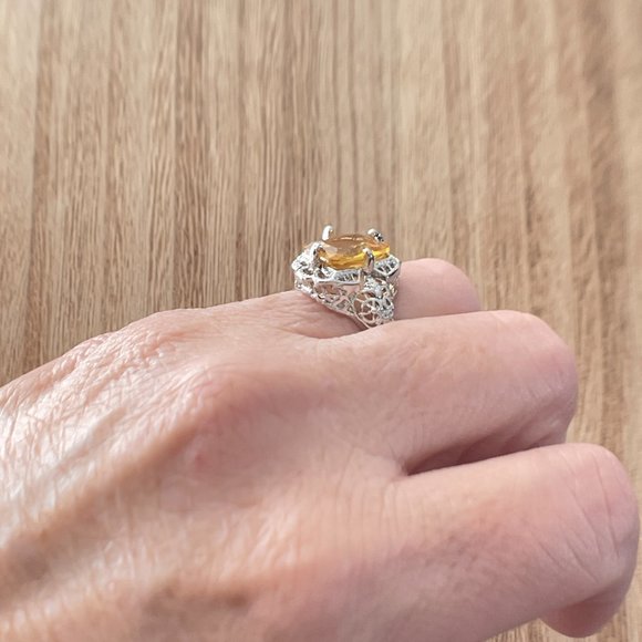 Radiant Cut Citrine Art Deco Filigree Ring - 925 Sterling Silver - Picture 5 of 5